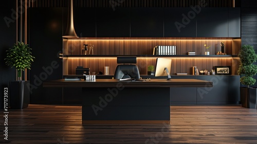 Modern luxury office space or workstation with office supplies and copy space for product display on wooden table under warm lights in the dark room at night. 3d rendering, 3d illustration