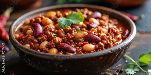 Cowboy Beans Harmony: Western Culinary Delight. Dive into the Symphony of Hearty Beans, Ground Meat, and Spices. Picture the Culinary Delight in a Rustic Western Setting with Soft Lighting