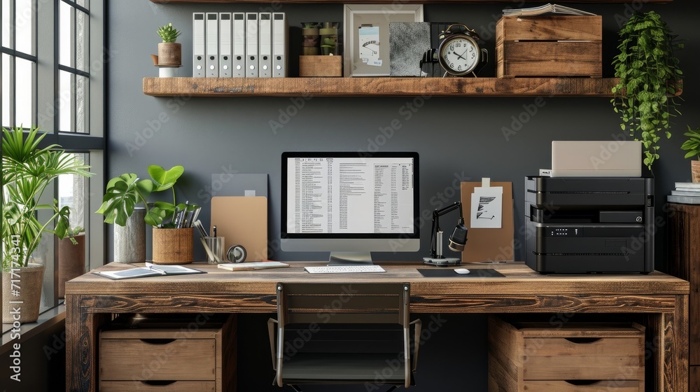 Modern workstation with computer and printer on desk by wooden storage cabinet in home office Modern workstation with computer and printer on desk by wooden storage cabinet in home office