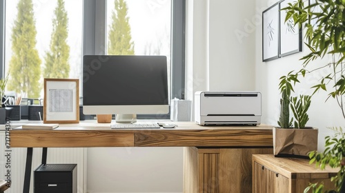 Modern workstation with computer and printer on desk by wooden storage cabinet in home office
