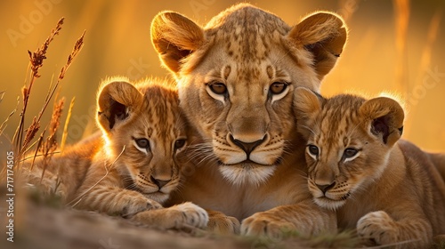 Lion family resting in golden african savannah as the sun sets, wildlife photography