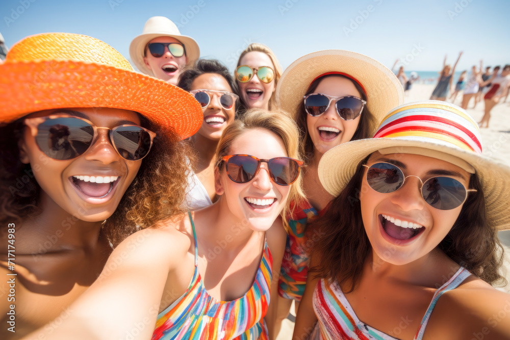 group of friends smiling and taking selfie at the beach on summer vacation group of friends smiling and taking selfie at the beach on summer vacation