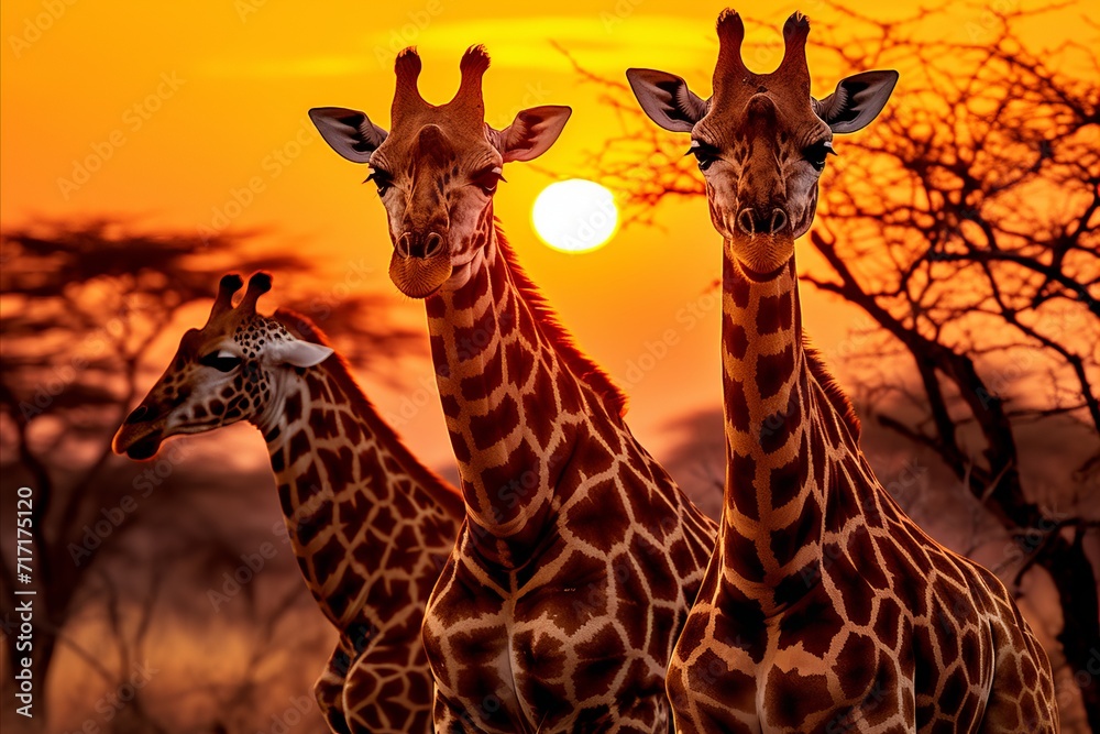Φωτογραφία A breathtaking scene of giraffes roaming the african savannah as the sun sets, casting a golden glow over the vast landscape