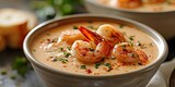 Shrimp Bisque Brilliance: Culinary Elegance Unveiled. Immerse in the Symphony of Creamy Bisque and Succulent Shrimp. Picture the Culinary Elegance in a Upscale Setting with Soft Lighting