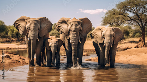 group of elephants at a watering hole  AI Generative.