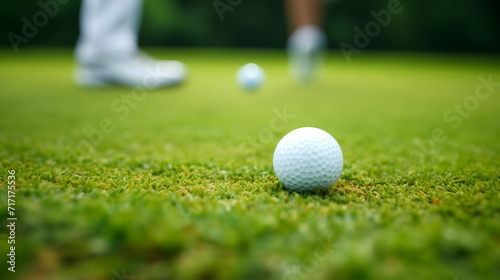Une balle de golf sur un terrain avec un joueur en arrière plan. 