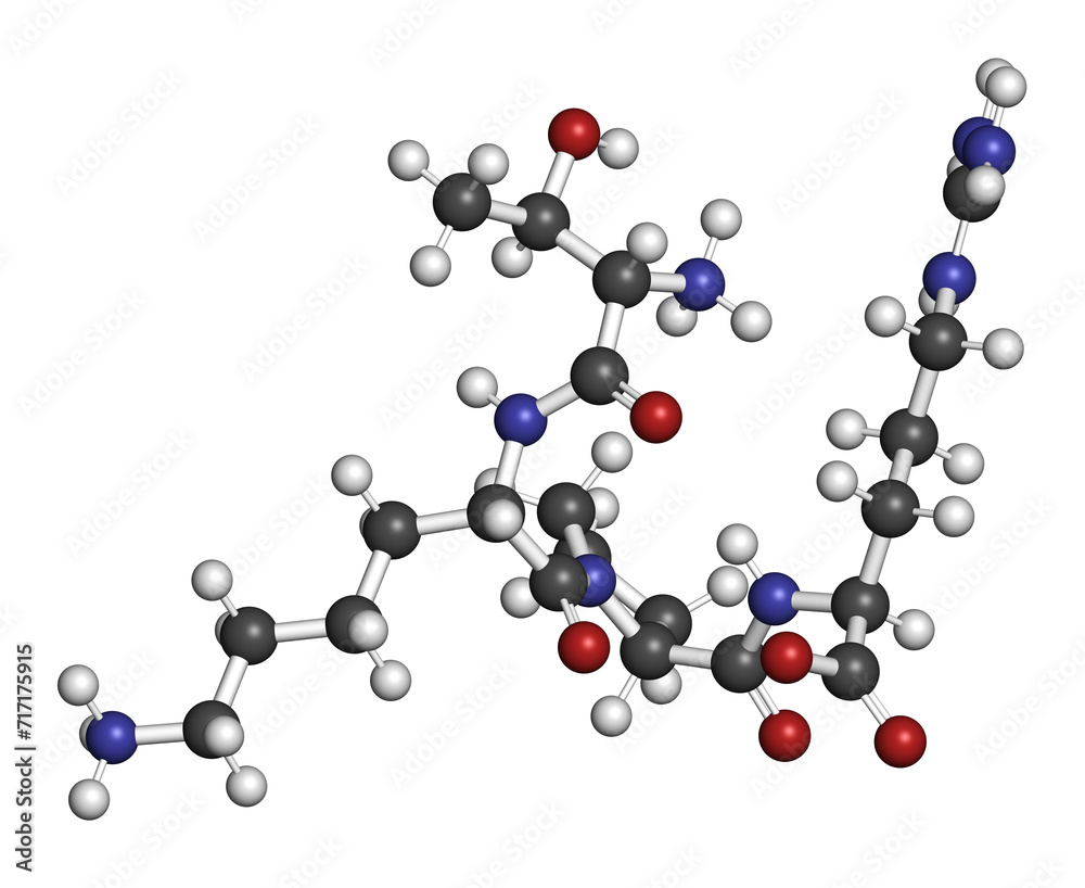Tuftsin tetrapeptide molecule. 3D rendering. Tuftsin tetrapeptide molecule. 3D rendering.
