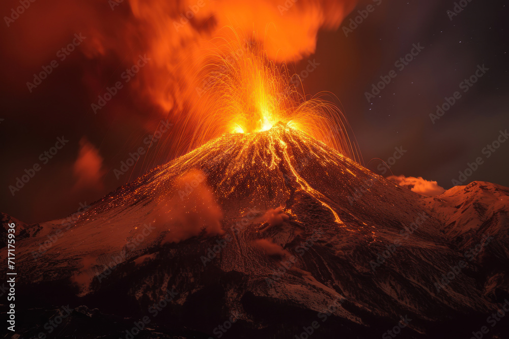 An erupting mountain at night, spewing lava and ash. The explosion lights the dark sky with fiery red, reflecting nature s extreme power. A dangerous yet captivating view of volcanic destruction