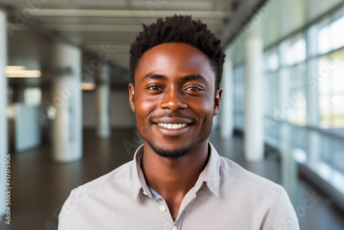 Portrait of a 30-year-old African-American man smiling and looking at the camera in the office. Generative AI
