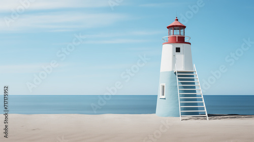Traditional lighthouse on empty sand beach by the blue sea. Calm coastal landscape on a summer day. Peaceful ocean. Minimalist retro style image, pastel tones. Copy space. © Studio Light & Shade
