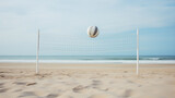 Beach volleyball. Surreal mood. Big ball flying over the net on empty sand beach by the sea. Calm coastal landscape on a summer day. Peaceful ocean. Minimalist retro style image.