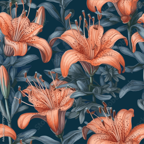Seamless peach fuzz color lily flowers vector pattern design. Generative ai