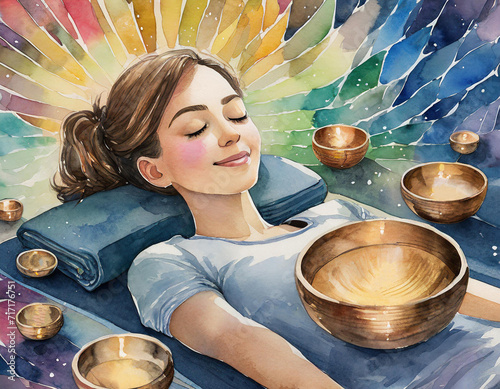 Woman lying on yoga mat with Tibetan singing bowls sound meditation, sound healing watercolor illustration
