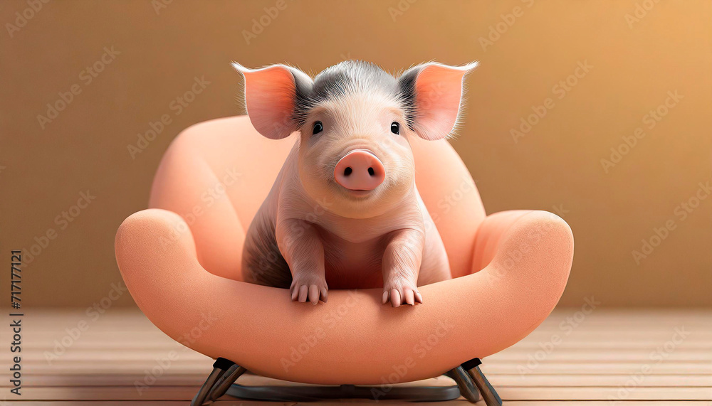 Frontal portrait of a cute little pig on a black Pelican Chair. Indoor image on a peach background. Copy Space. Frontal portrait of a cute little pig on a black Pelican Chair. Indoor image on a peach background. Copy Space.