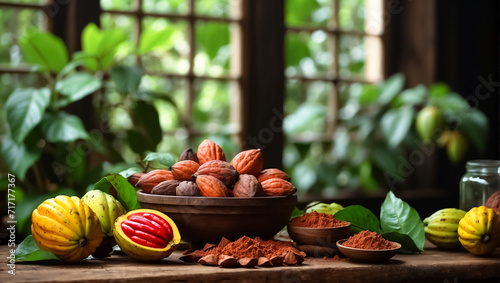 Ripe cocoa fruits in the kitchen exotic