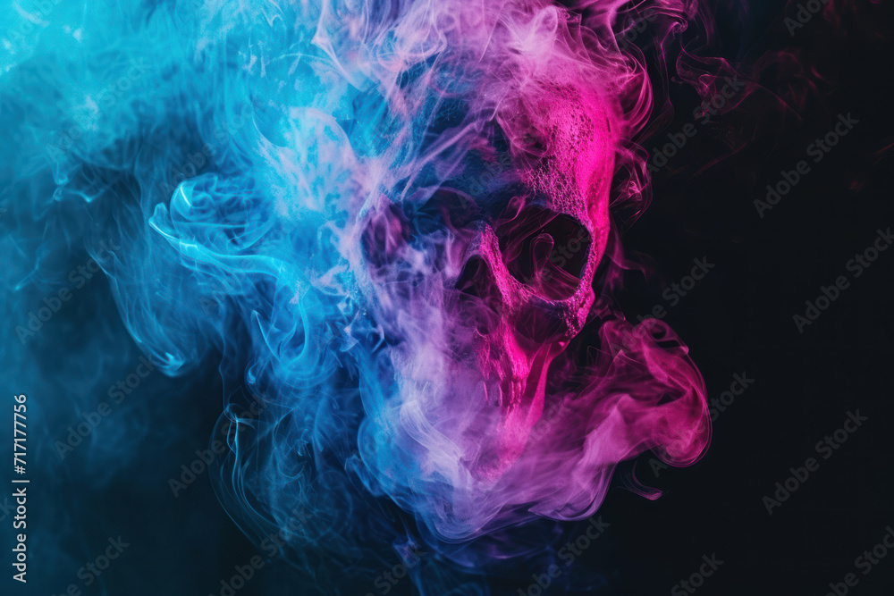 Thick colorful smoke of blue, pink in the form of a skull, monster, dragon on a black isolated background. Background from the smoke of vape