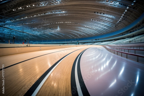 Curved indoor velodrome track with striking lines. photo