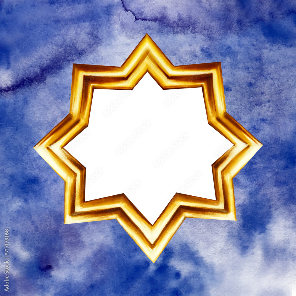 Watercolor Islamic arabian golden crescent star illustration isolated on blue splash background. Muslim hand drawn frame holiday Ramadan Kareem or Eid Al Adha 2024 with texture of night, clouds, wate