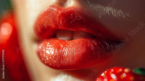 Young woman with beautiful lips, fantasy strawberry design, closeup photo