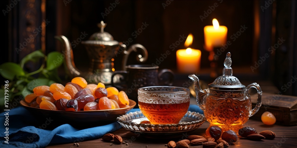 cup of tea with dried fruits on the table. Ramadan kareem decorations background. Top view, flat lay moslem islam iftar braking fast concept