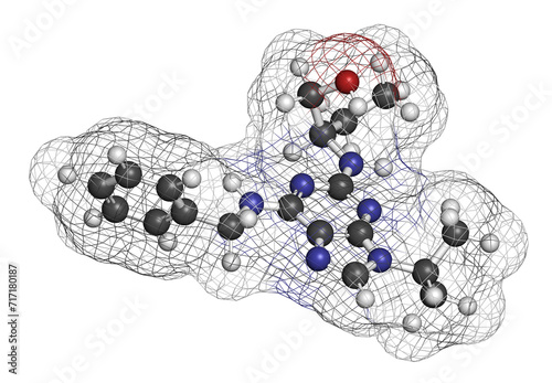 Seliciclib drug molecule (CDK inhibitor). 3D rendering.