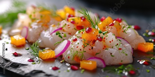 Tiradito Elegance: Peruvian Culinary Harmony. Immerse in A Symphony of Raw Fish and Zesty Citrus Captured in a Visual Feast. Picture the Tiradito Elegance in a Sophisticated Peruvian Setting