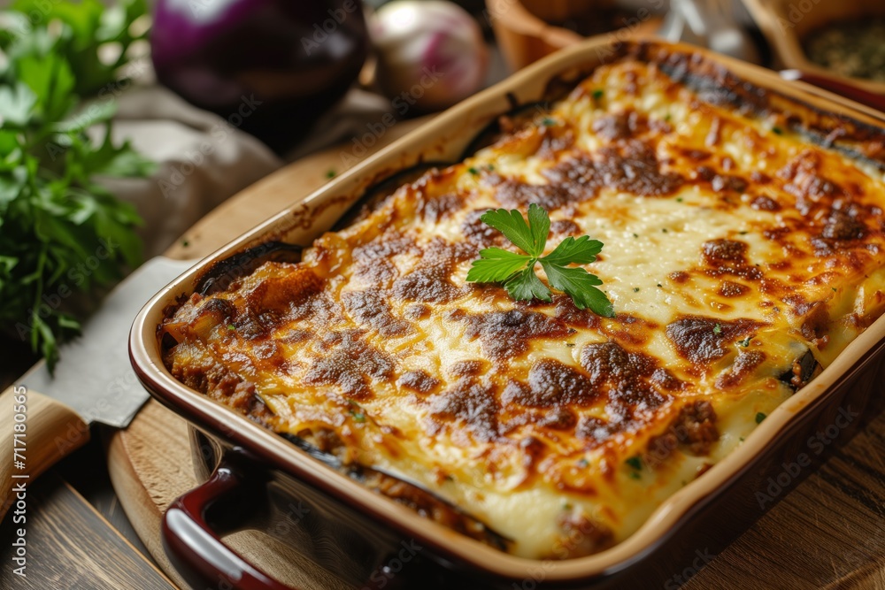 Aromatic Moussaka in a Baking Dish - Layers of Eggplant, Meat Sauce, and Béchamel for Culinary Sites and Recipe Books