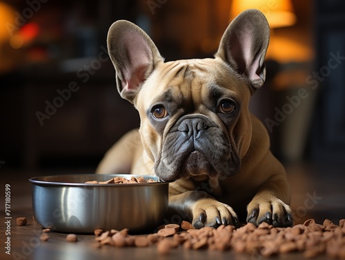 The dog lies in front of a bowl of dry food. © Margaryta