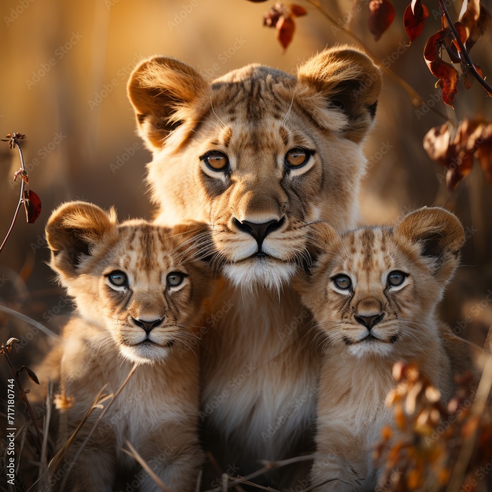 Lioness and young lion cubs. Wild animal outdoors in its natural habitat.