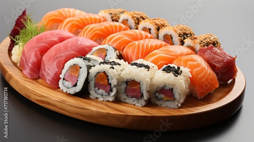 Sushi set with roll, avocado roll and tuna roll on a round wooden board.