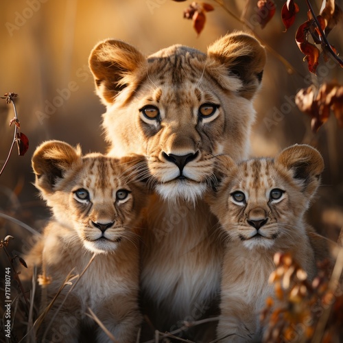 Lioness and young lion cubs. Wild animal outdoors in its natural habitat.