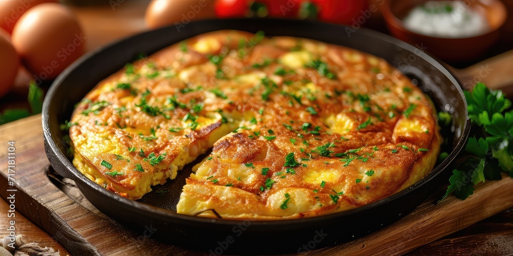 Tortilla de Raya Delight: Spanish Skate Omelette Charm. Immerse in A Culinary Symphony of Fluffy Eggs and Tender Skate. Picture the Tortilla de Raya Delight in a Quaint Spanish Kitchen