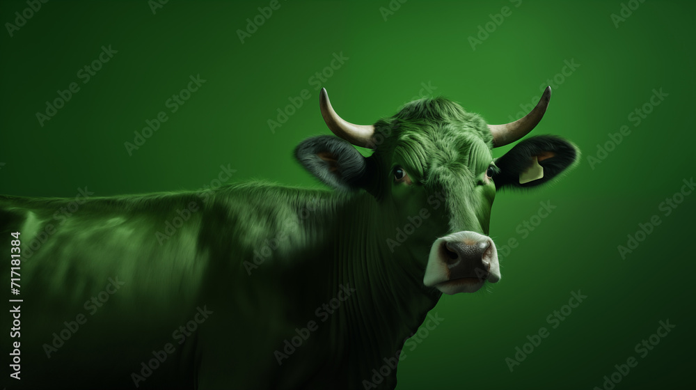 Portrait einer Kuh mit grünem Fell vor grünem Hintergrund. Surreale Illustration Portrait einer Kuh mit grünem Fell vor grünem Hintergrund. Surreale Illustration