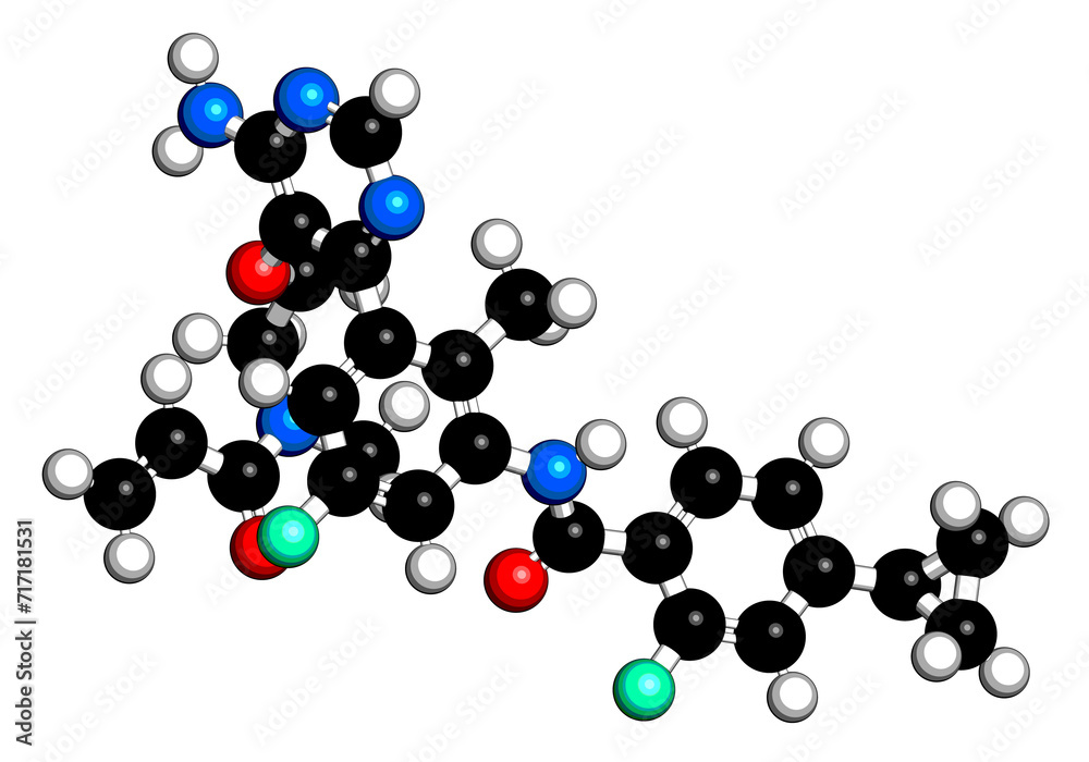 Remibrutinib drug molecule. 3D rendering. Remibrutinib drug molecule. 3D rendering.