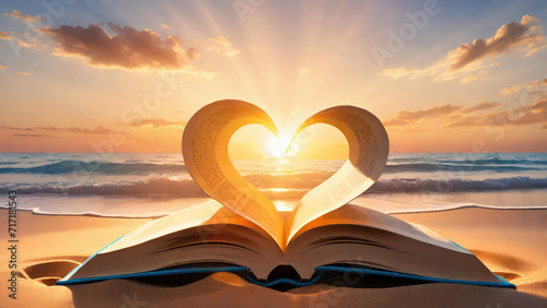 Open book with pages folding inward to form a heart shape, blurred ocean beach sunset background.Love for reading concept.AI generated photo