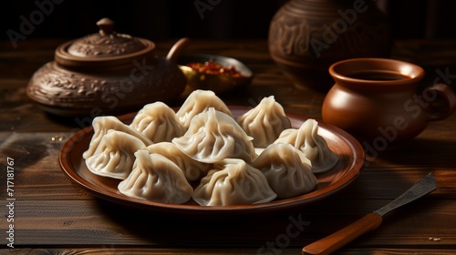 Georgian dumplings Khinkali with meat on wooden table. A traditional Caucasian dish is boiled dough with meat and spices.