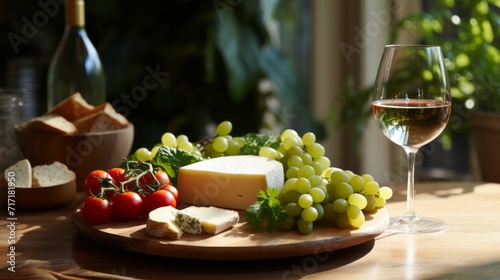 Noble cheese with white camembert mold, assorted cherry tomatoes and wine on a wooden background. A delicious cheese snack. A glass of white wine and a bunch of grapes.