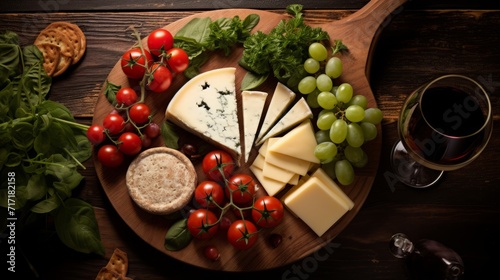 Noble cheese with white mold camembert, parmesan, cherry tomatoes on a wooden background, top view. A delicious cheese snack. A glass of red wine and a bunch of grapes.