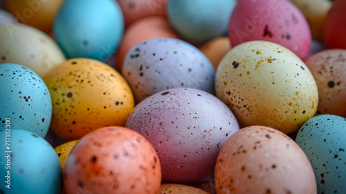 Colorful speckled Easter eggs, close-up. Assorted painted Easter eggs with a festive pattern. Vibrant Easter egg collection