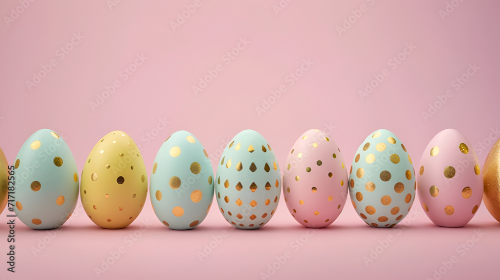 Pastel Easter eggs with golden dots standing in a line on pink background. Stylish Easter eggs arranged in a row on pink. Easter eggs with gold details, modern holiday decor