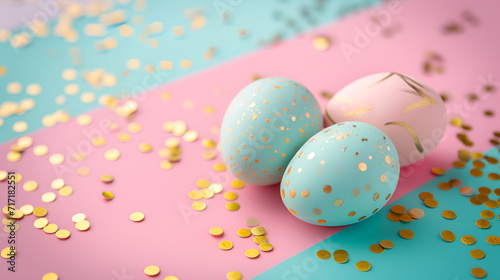Pastel colored Easter eggs with golden confetti on pink blue colored background. Chic Easter eggs on pink and blue with gold speckles. Modern Easter eggs decor with confetti on colorful background
