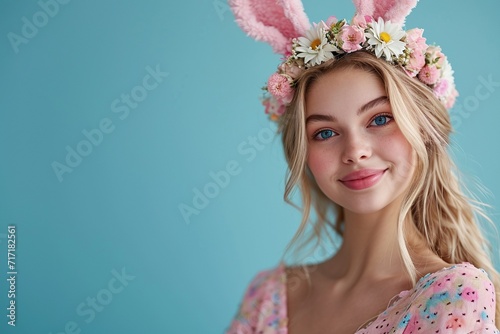Blonde beauty, isolated on a vibrant blue background, donning an Easter-themed hat, exuding charm and allure