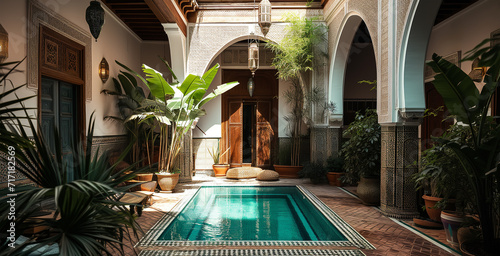 Patio with swimming pool in luxury riad in Morocco photo