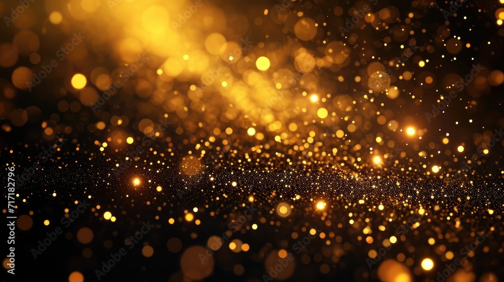 gold particles abstract background with shining golden Floating Dust Particles Flare Bokeh star on Black Background. Futuristic glittering in space.