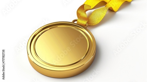 Gold medal with golden ribbon, faint shadow, isolated on white background.