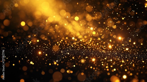 gold particles abstract background with shining golden Floating Dust Particles Flare Bokeh star on Black Background. Futuristic glittering in space. © buraratn