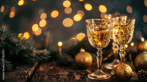 Golden metal glasses on old wooden table background, place for copy space. Golden wooden table with golden trophy on dark background. Ready for new year celebration design. Festive light