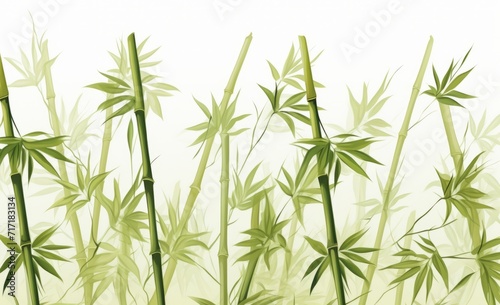 Green bamboo stems with leaves on white background.