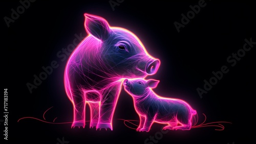 A pig caressing its calf neon illustration beautiful image Ai generated art © ParthoArt