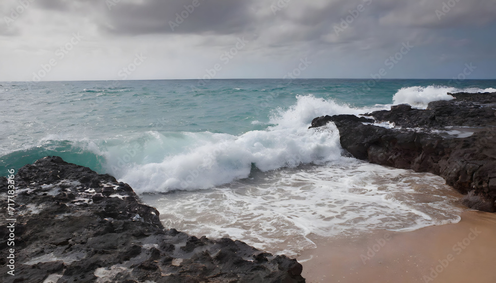Waves crashing on rocks in the sea wallpaper.